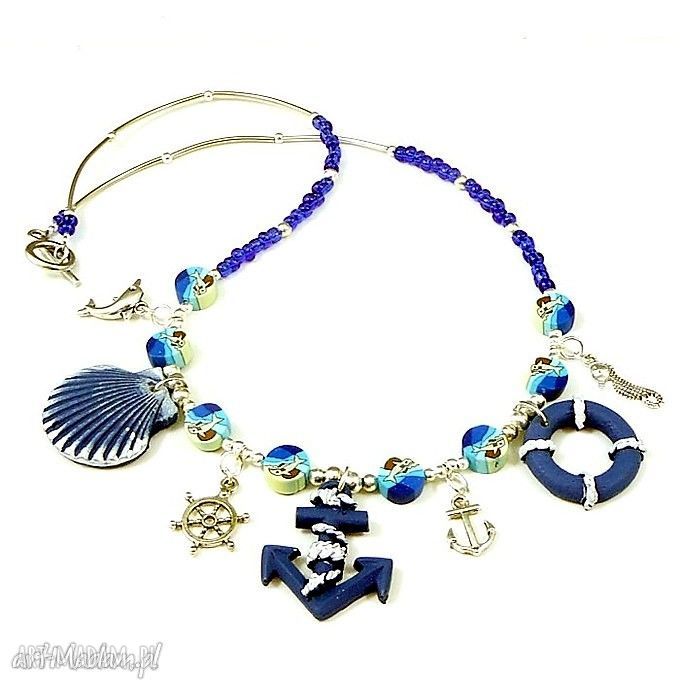 Morskie opowieści :) - naszyjnik marine z kotwicą i muszlą, handmade