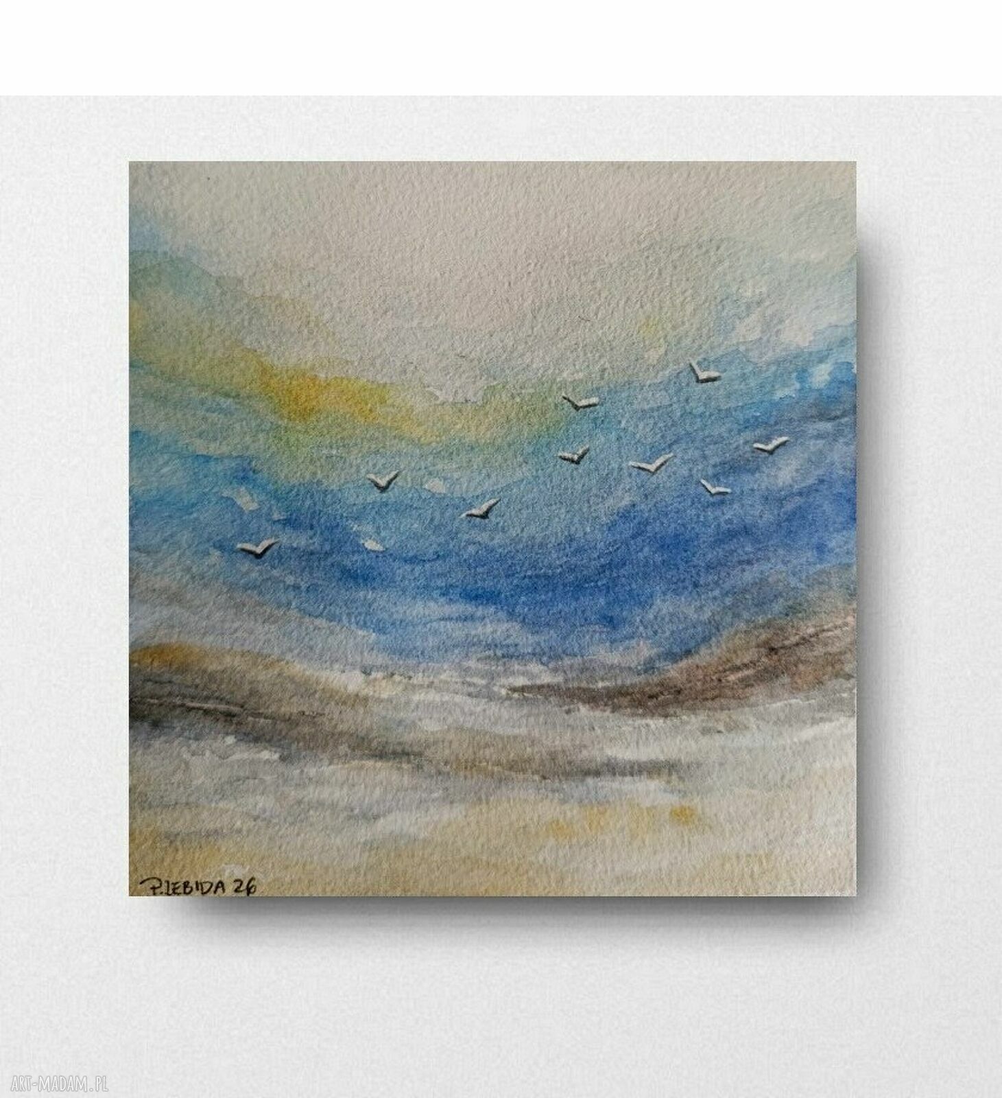 Morze - akwarela 15x15 cm z ptakami oryginał Paulina Lebida