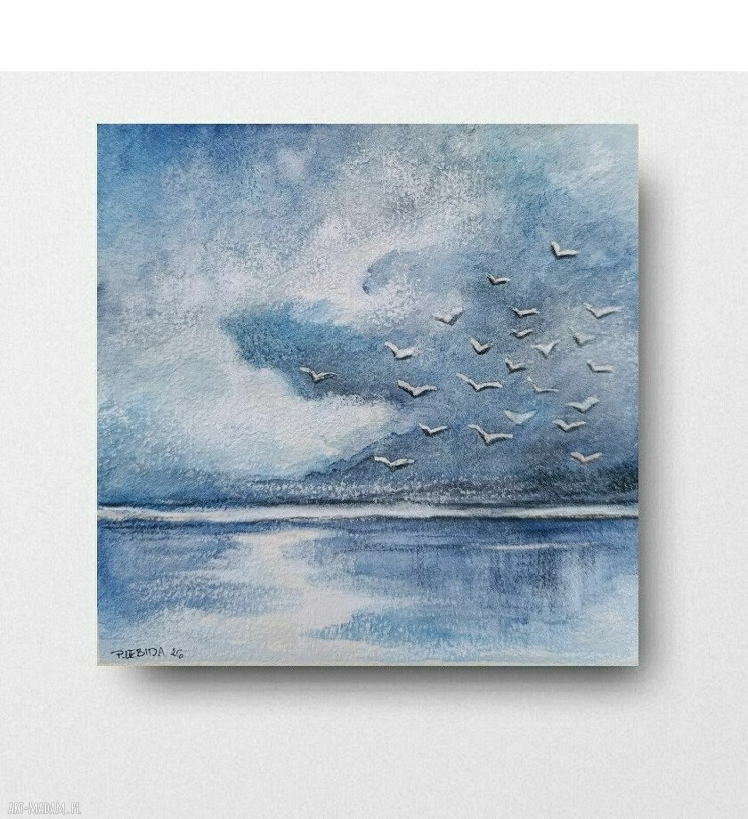 Akwarela „Morze” 15 x 15 cm - oryginalny obraz z ptakami