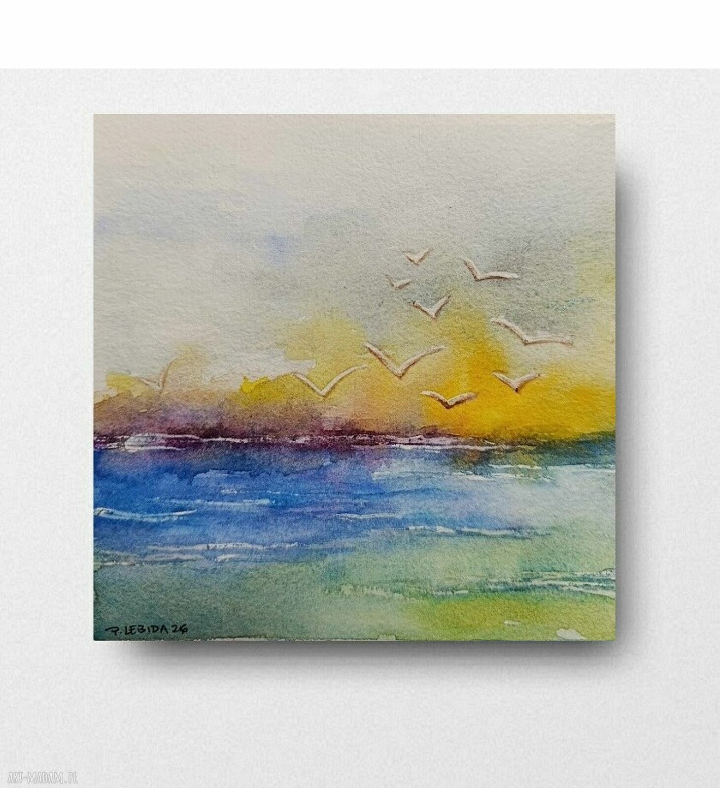 Oryginalna akwarela - Morze z ptakami 15x15 cm