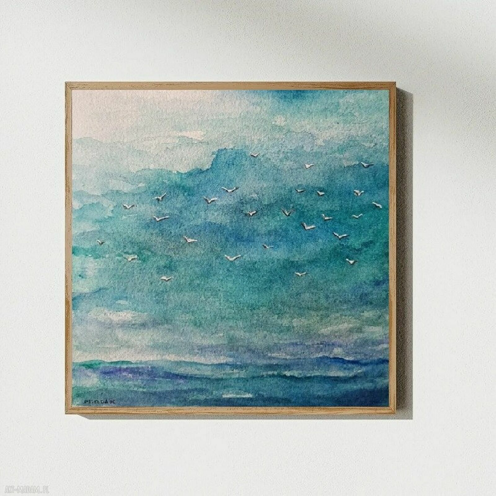 Morze - akwarela z mewami 20x20 cm bez oprawy - Paulina Lebida
