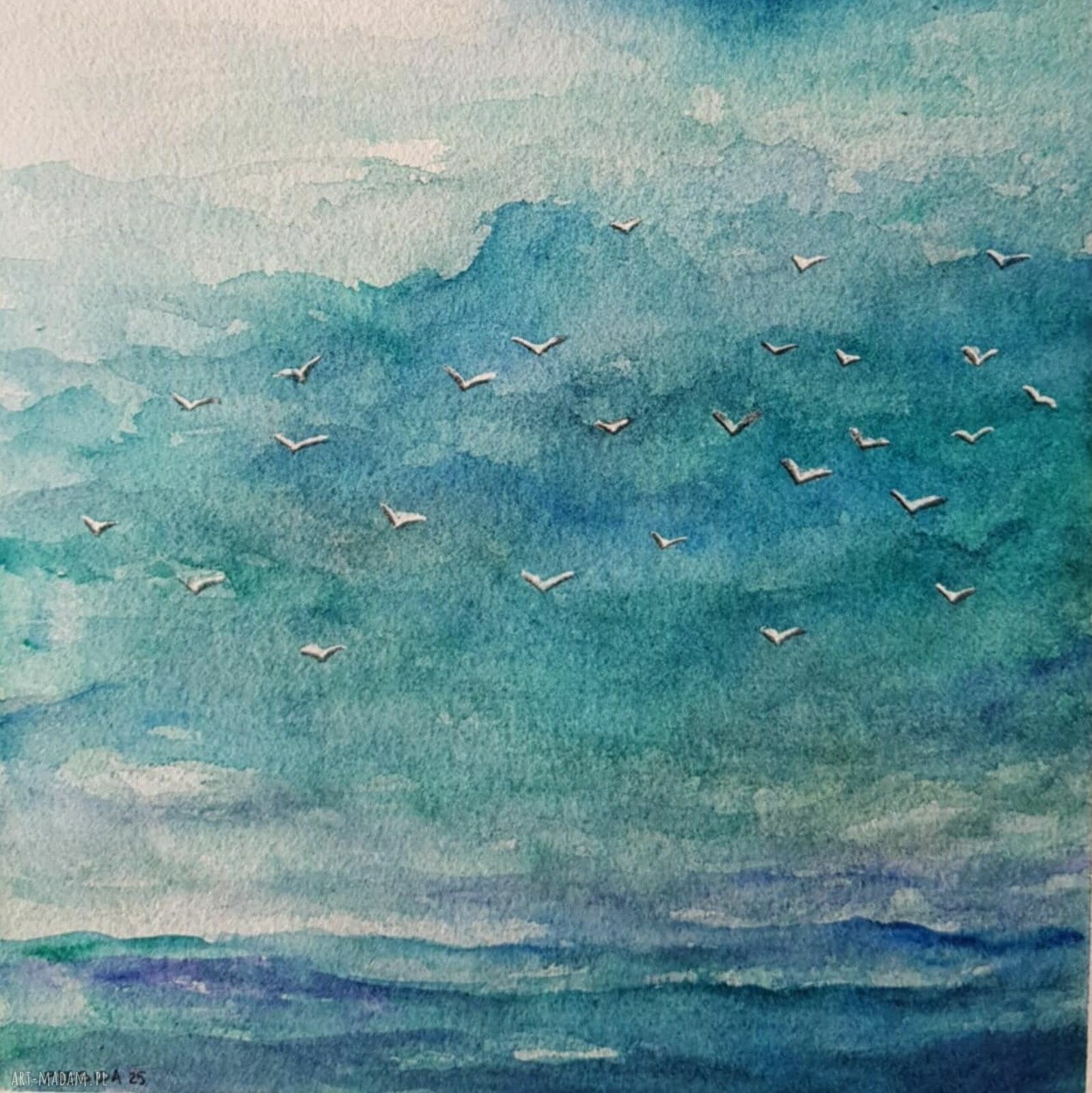 Morze - akwarela z mewami 20x20 cm (bez oprawy) - Paulina Lebida