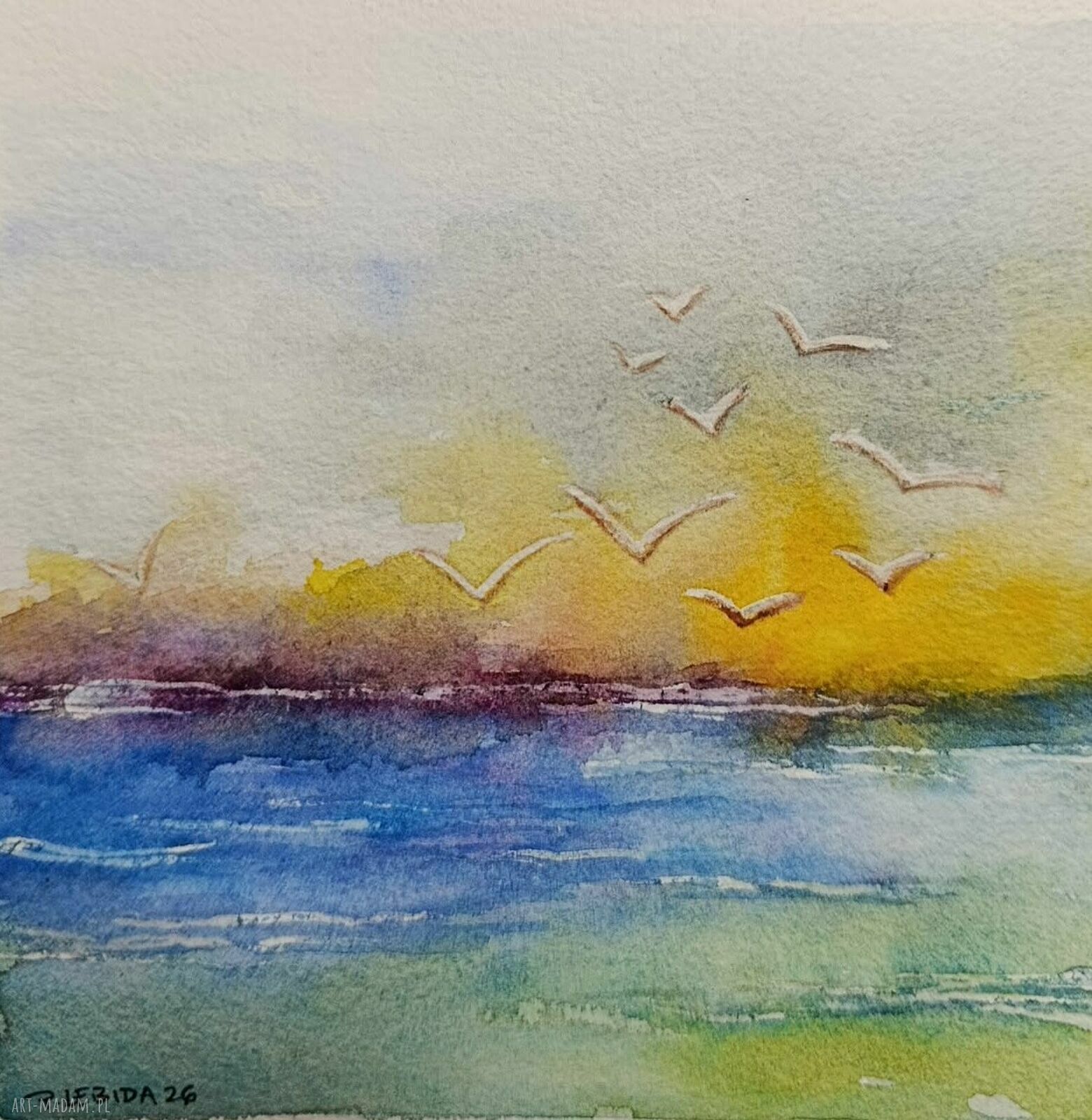 Oryginalna akwarela - Morze z ptakami 15x15 cm