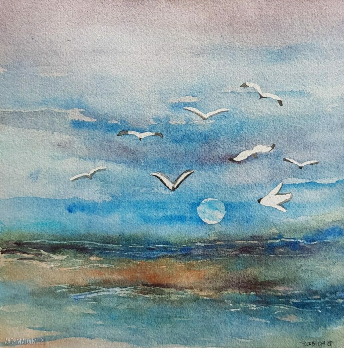 Oryginalna akwarela Morze 20x20 cm - sygnowany obraz Pauliny Lebidy