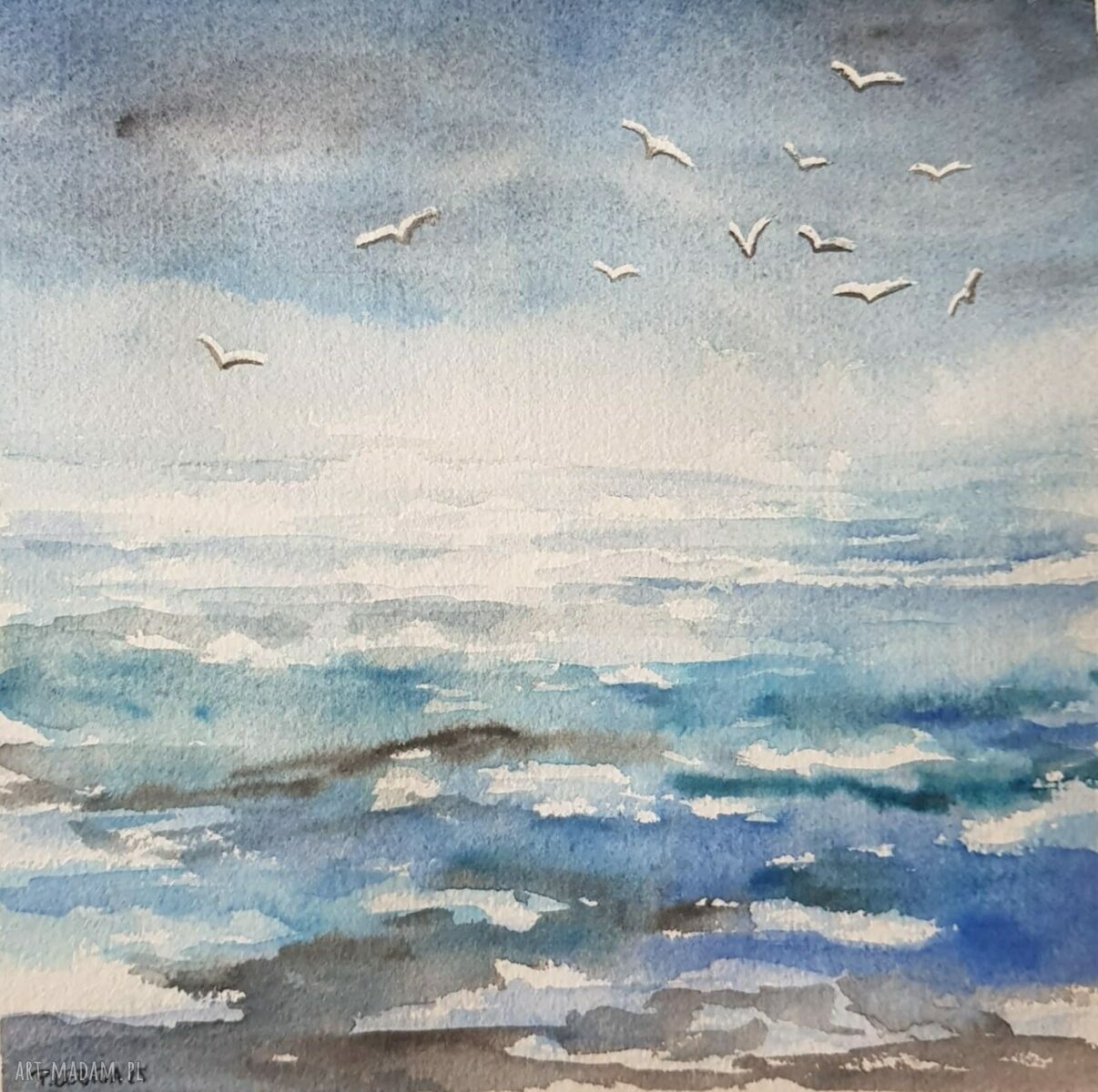Oryginalna akwarela "Morze" z ptakami 20x20 cm