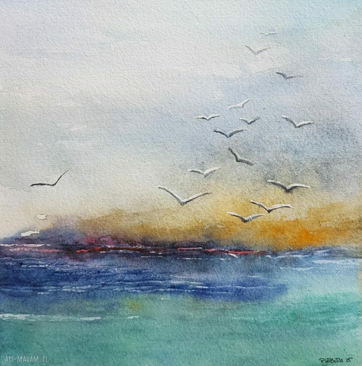 Akwarela Morze 20x20 cm - ręcznie malowana, sygnowana (bez oprawy)