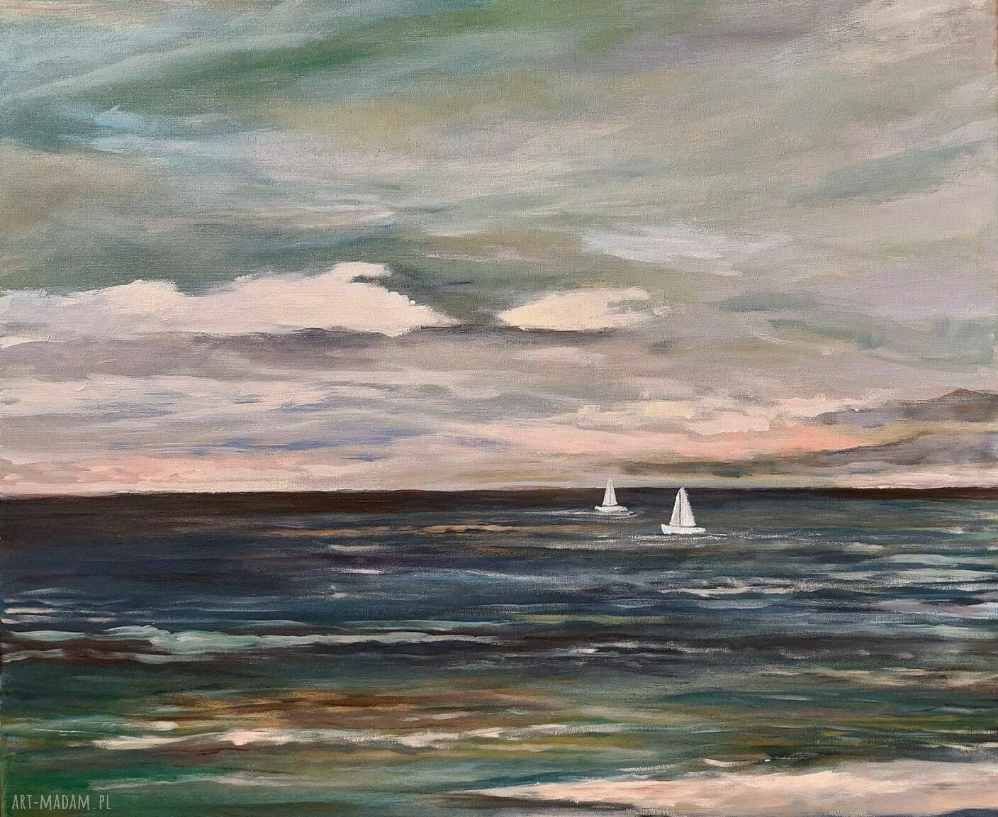 Morze - obraz akrylowy z łodziami 60x50 cm (sygnowany, bez ramy)