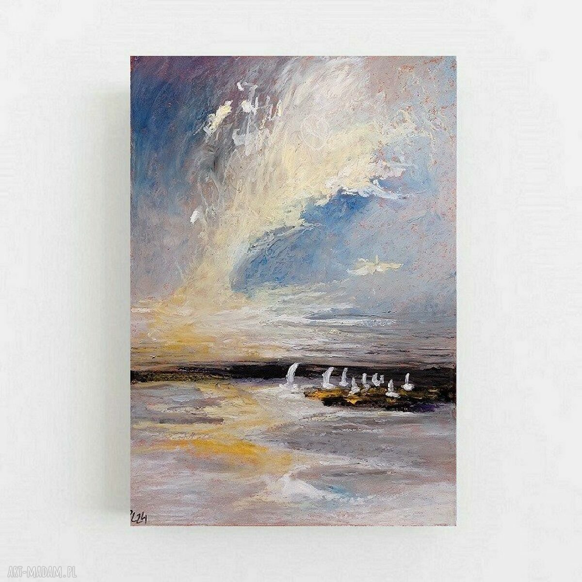 Morze i łodzie - obraz A4 w pastelach olejnych