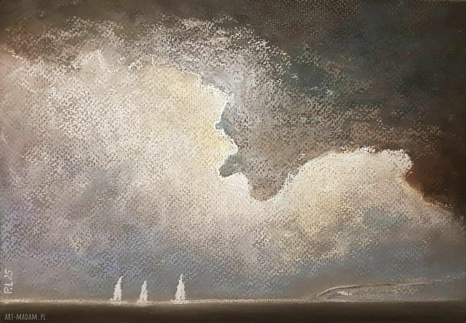 Obraz Morze A4 w pastelach suchych - szaro-żółto-czarny klimat