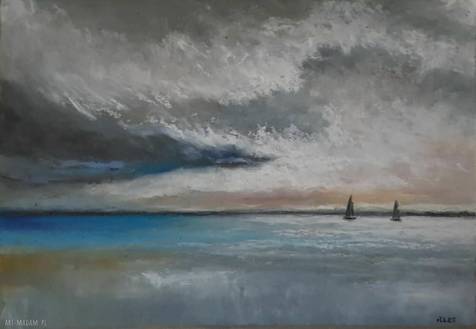 Morze - łodzie. Ręcznie rysowane pastels olejne A5 bez ramy