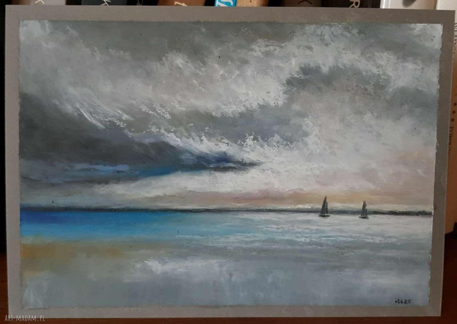 Morze - łodzie. Ręcznie rysowane pastels olejne A5 bez ramy