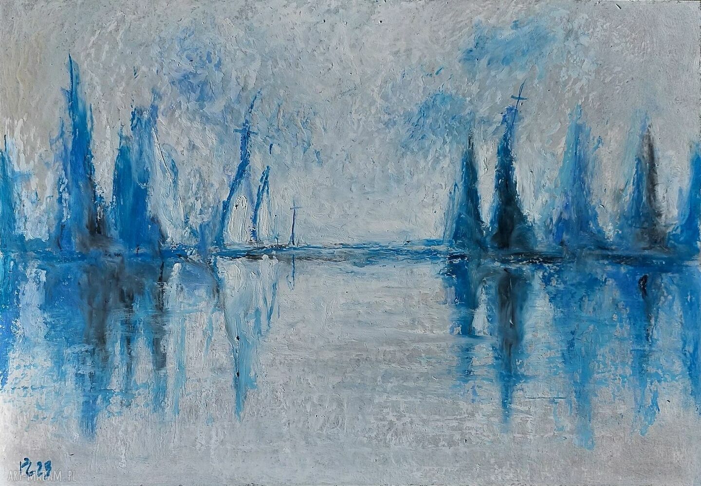 Ręcznie wykonany rysunek pastelami olejnymi - Morze i łodzie (A4)