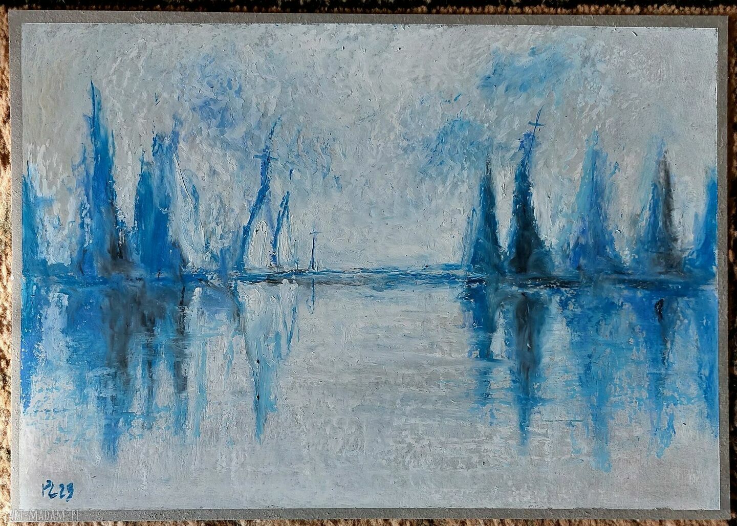 Ręcznie wykonany rysunek pastelami olejnymi - Morze i łodzie (A4)