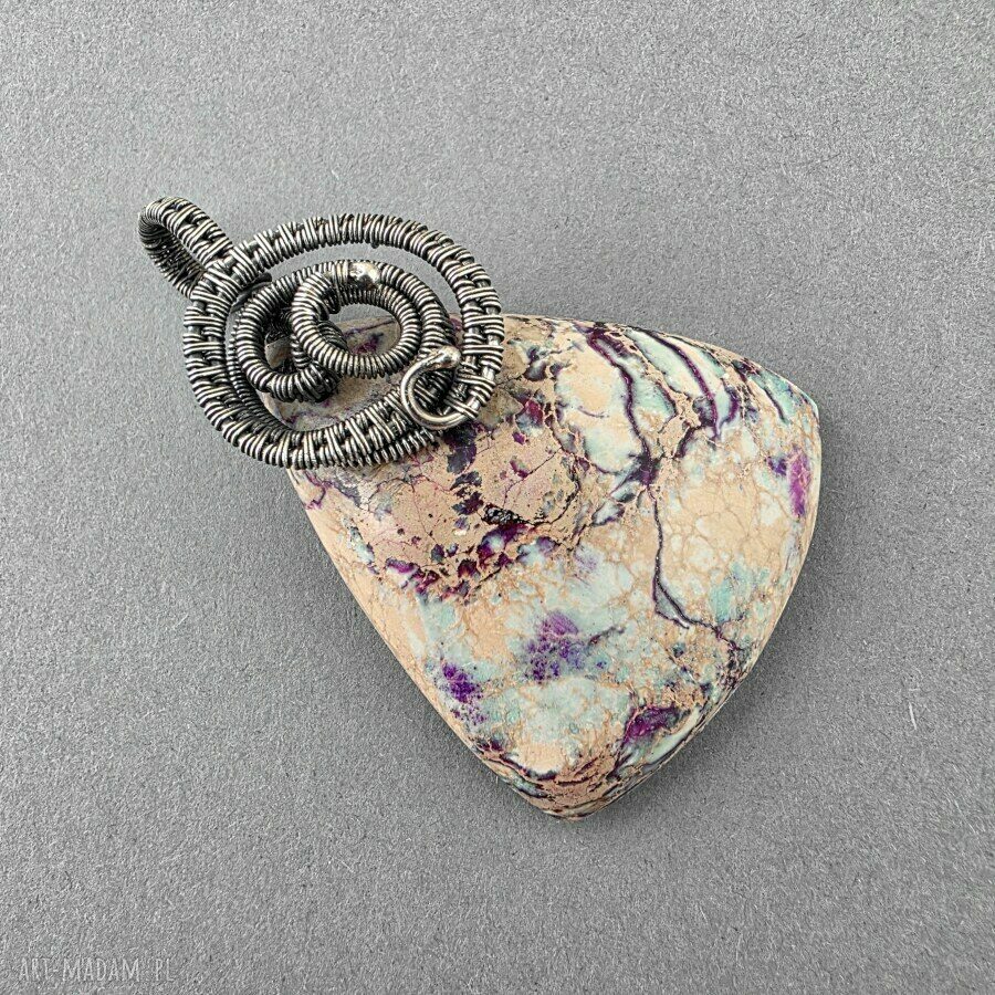 Mosa - duży wisior z jaspisem w oksydowanym srebrze wire wrapping