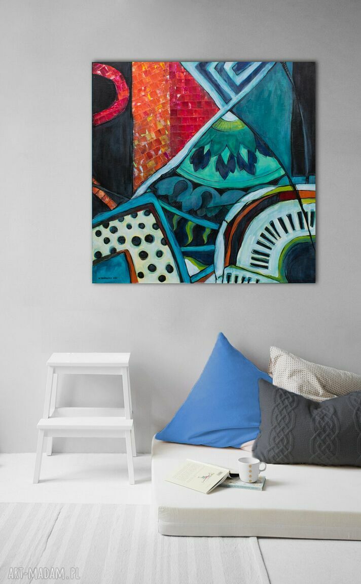 Mosaic - ręcznie malowany obraz abstrakcyjny 90x90 turkus i czerń