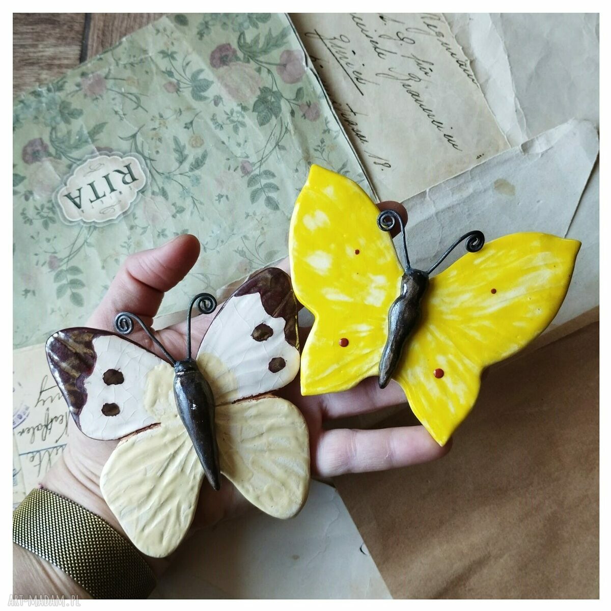 Motyl ceramiczny Cytrynek i Bielinek Kapustnik - wiosenna dekoracja na ścianę