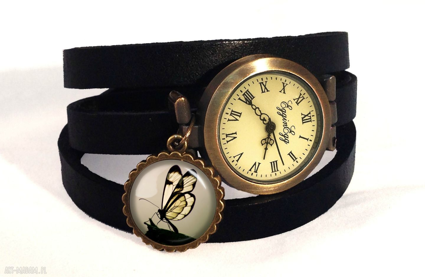Motyl w sepii - zegarek bransoletka handmade z kaboszonem