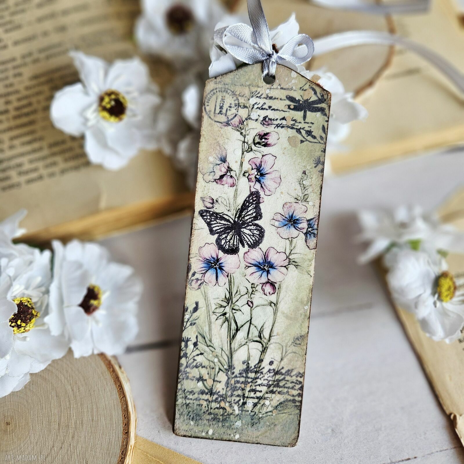 Zakładka kwiatowa decoupage z motylem papier ryżowy, 15 x 5 cm