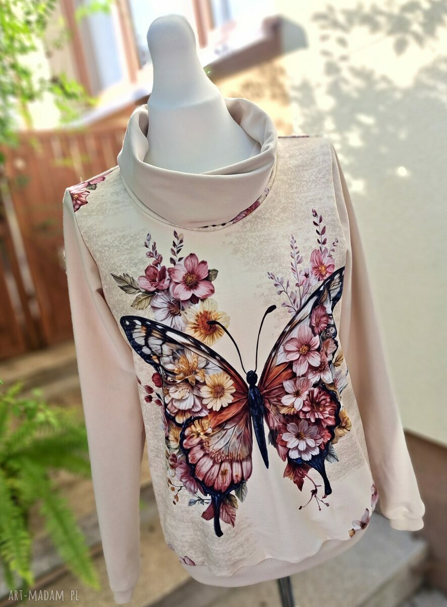 Bluza z motylem - elegancka beżowa z wywijanym kominem (Cuda Renki)