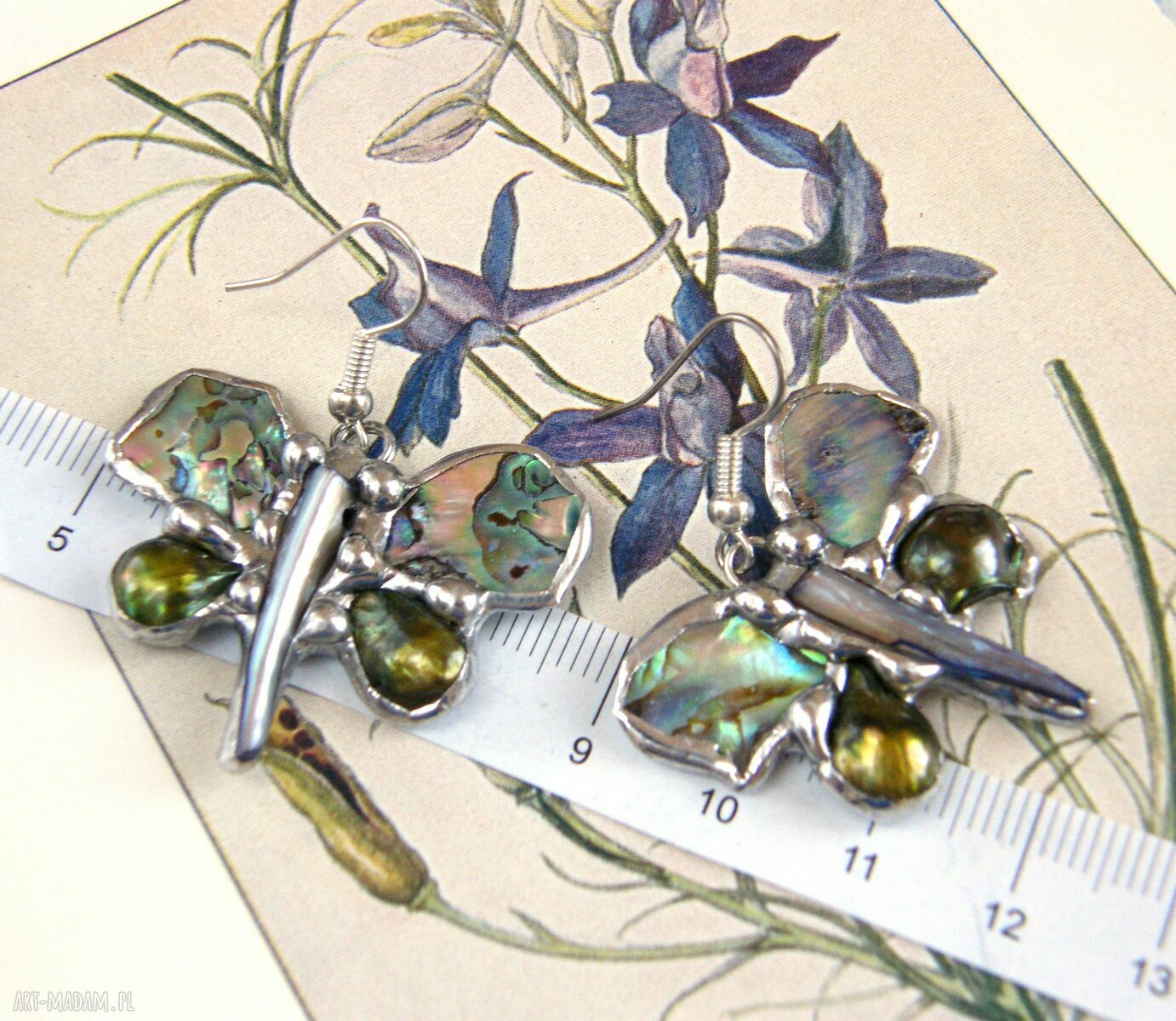 Kolczyki motylki tęczowe z pereł i muszli abalone - handmade Tiffany