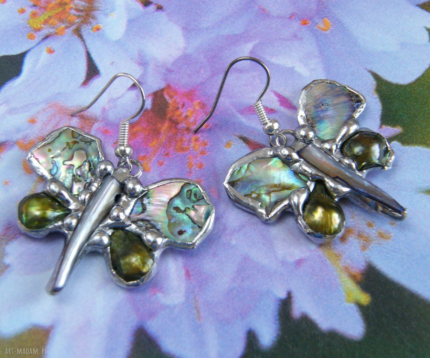 Kolczyki motylki tęczowe z pereł i muszli abalone - handmade Tiffany