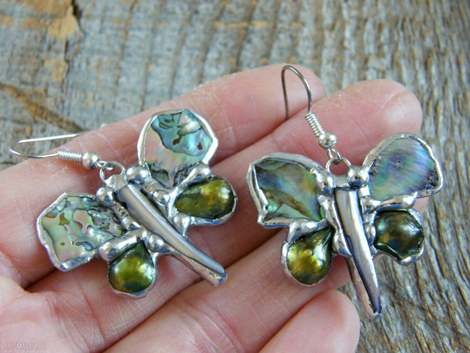 Kolczyki motylki tęczowe z pereł i muszli abalone - handmade Tiffany