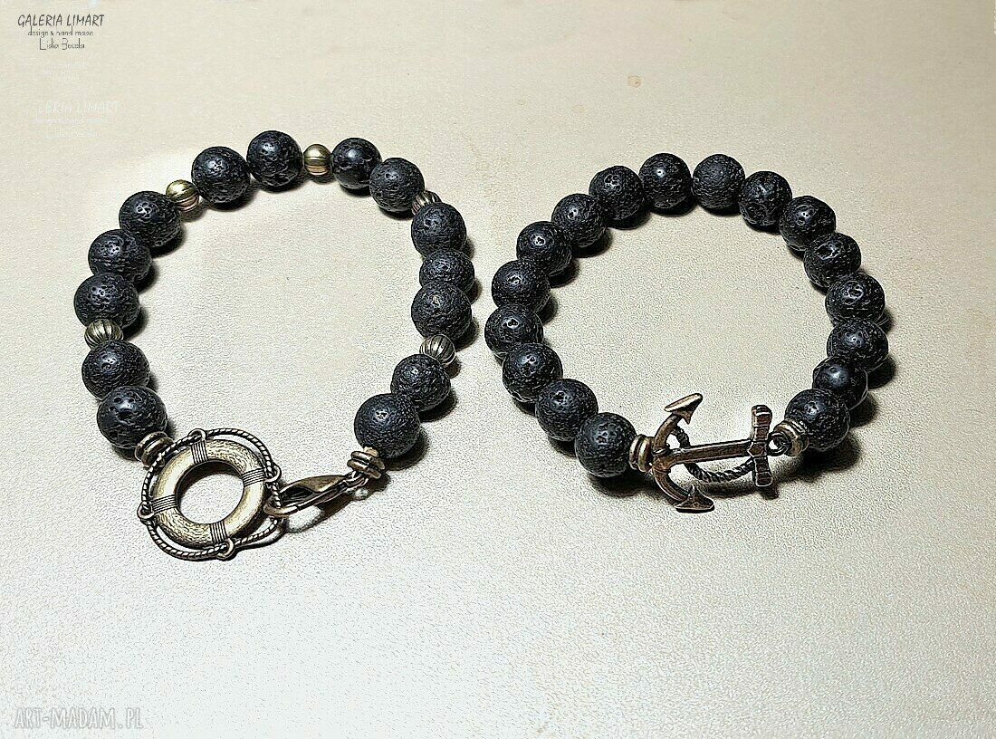 Bransoletka z lawy wulkanicznej z kotwicą - prezent dla żeglarza, handmade