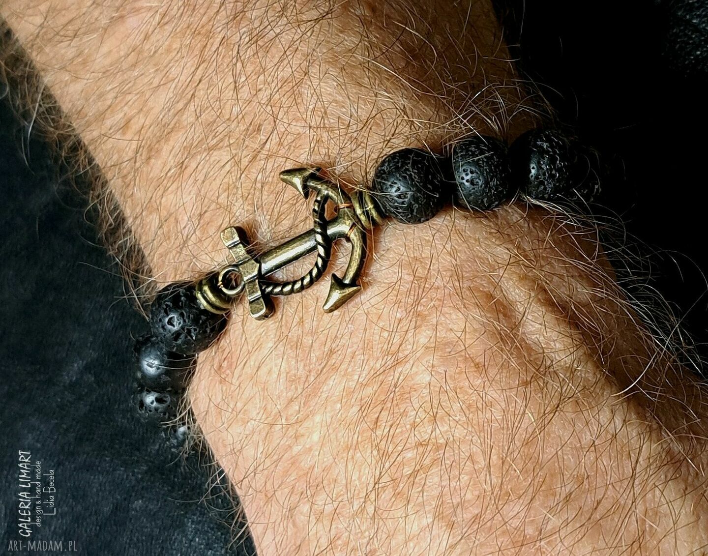 Bransoletka z lawy wulkanicznej z kotwicą - prezent dla żeglarza, handmade