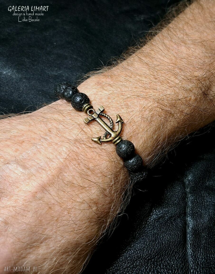 Bransoletka z lawy wulkanicznej z kotwicą - prezent dla żeglarza, handmade