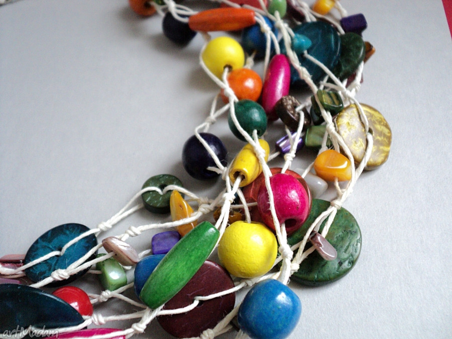 Naszyjnik handmade Muliticolor z lnu, drewna i masy perłowej