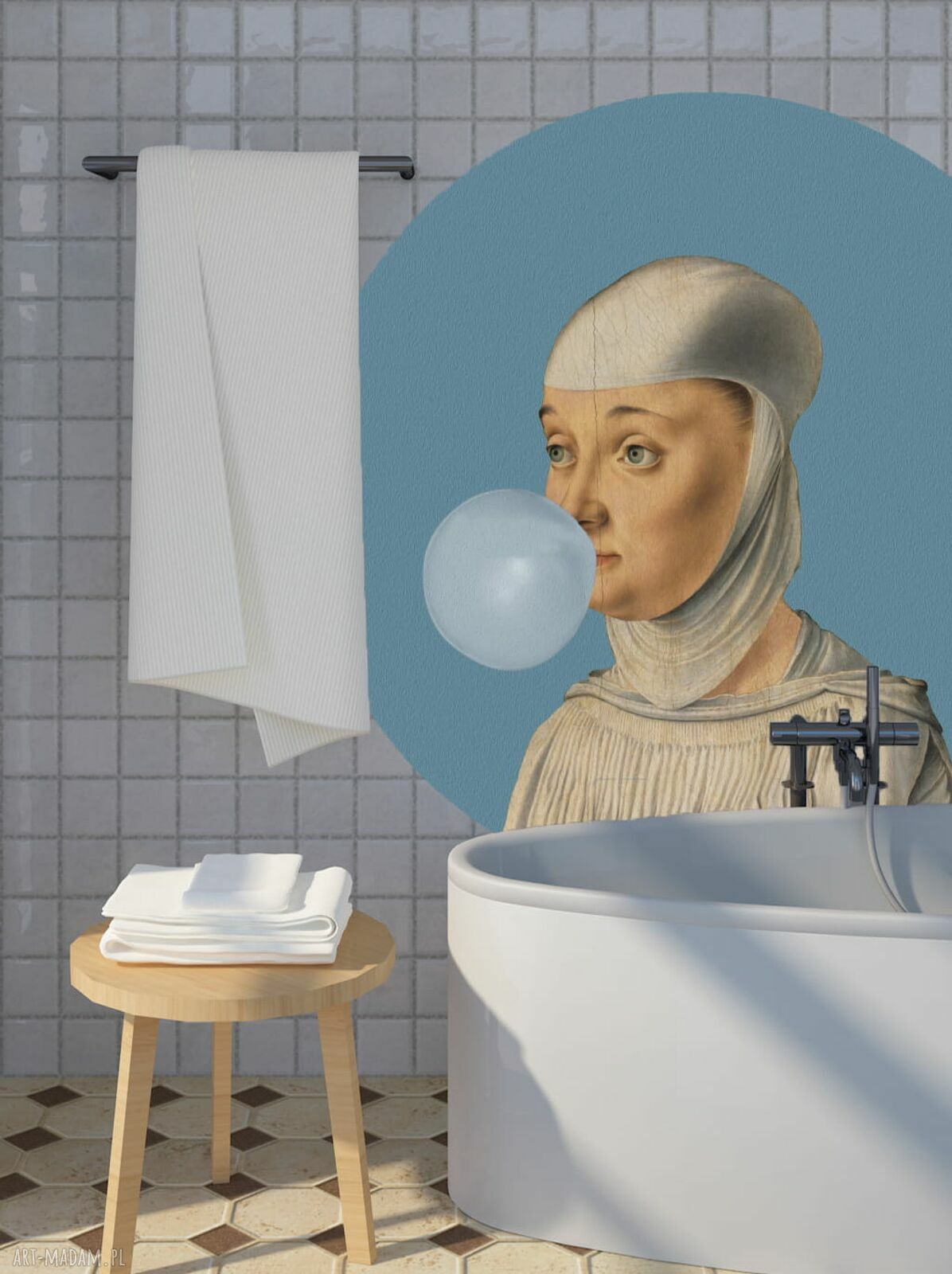 Mural DOTS Kobieta z gumą balonową - niebieska okrągła dekoracja ścienna ø 115 cm