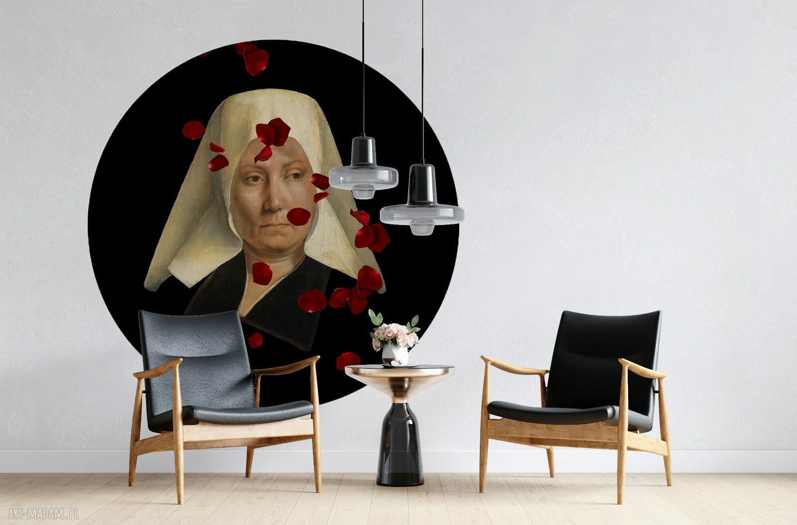 Okrągła dekoracja ścienna Mural DOTS Dama z różami ø 115 cm
