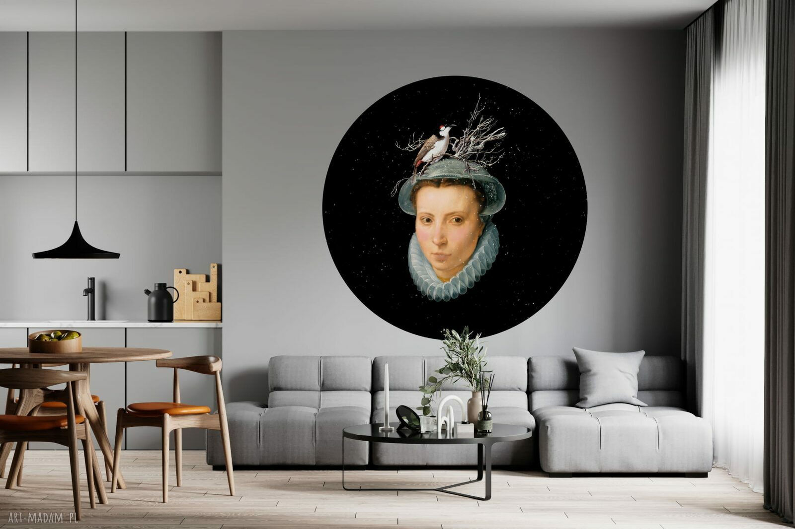 Mural DOTS Kobieta z gniazdem - okrągła dekoracja ścienna Ø115 cm