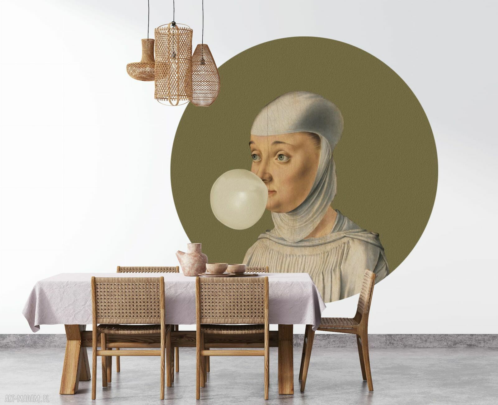 Mural DOTS "Kobieta z gumą balonową" - okrągła dekoracja ścienna ø 115 cm