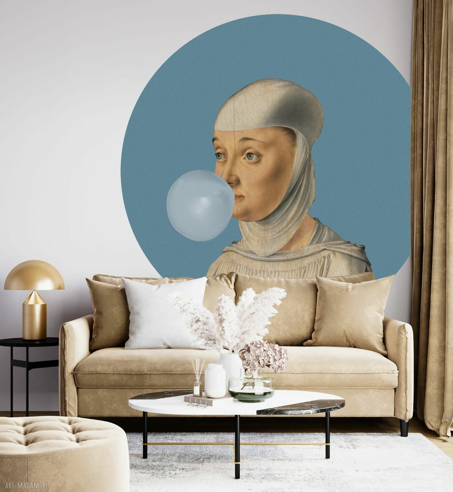 Mural DOTS Kobieta z gumą balonową - niebieska okrągła dekoracja ścienna ø 115 cm