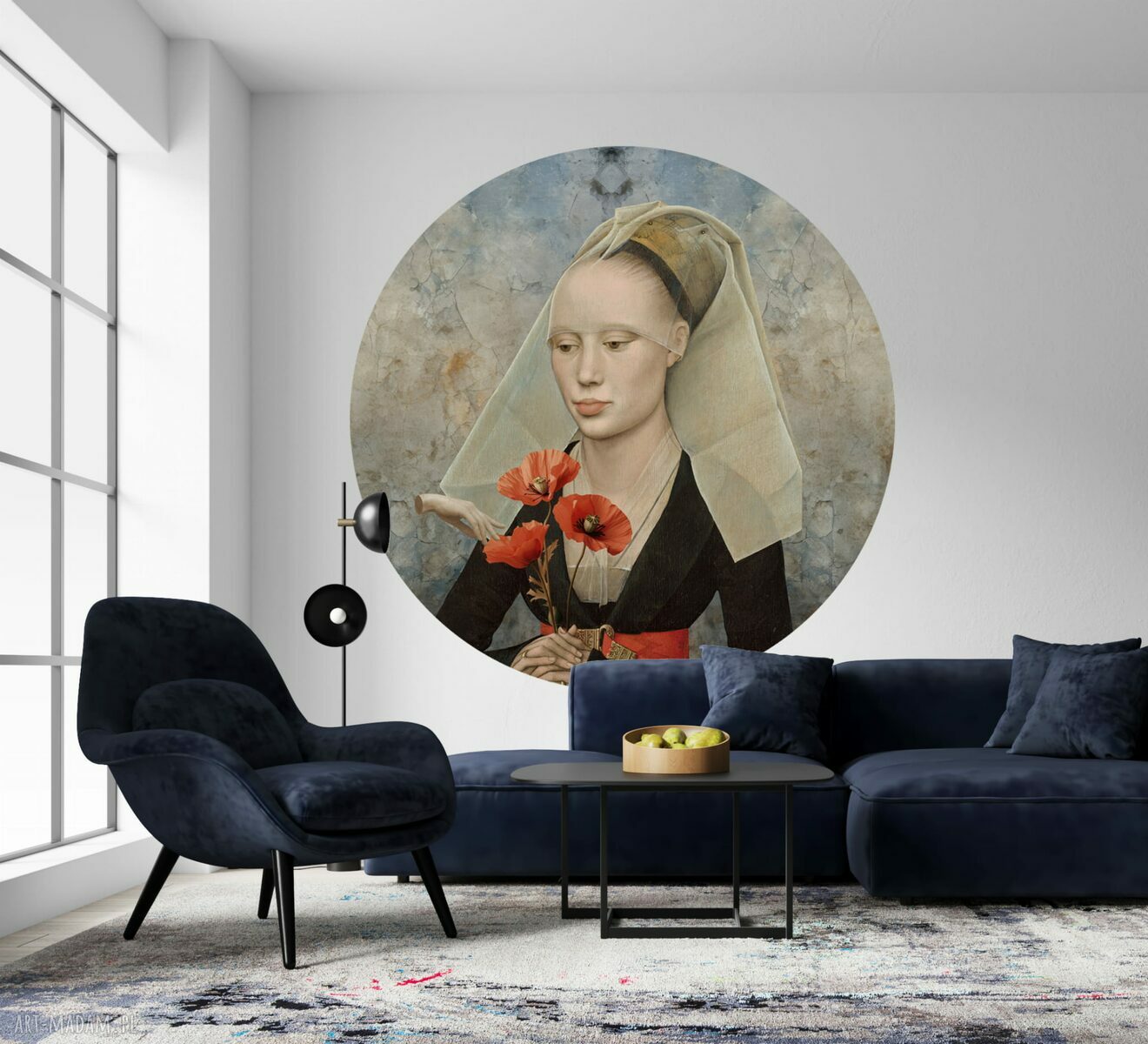 Okrągła dekoracja ścienna Mural DOTS Kobieta z makiem