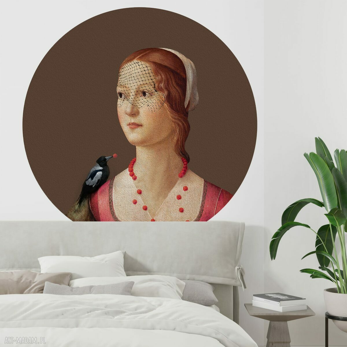 Mural DOTS „Kobieta ze sroką” - okrągła dekoracja ścienna Ø115 cm