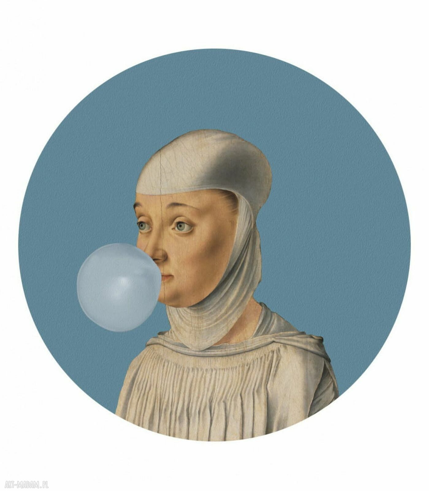 Mural DOTS Kobieta z gumą balonową - niebieska okrągła dekoracja ścienna ø 115 cm