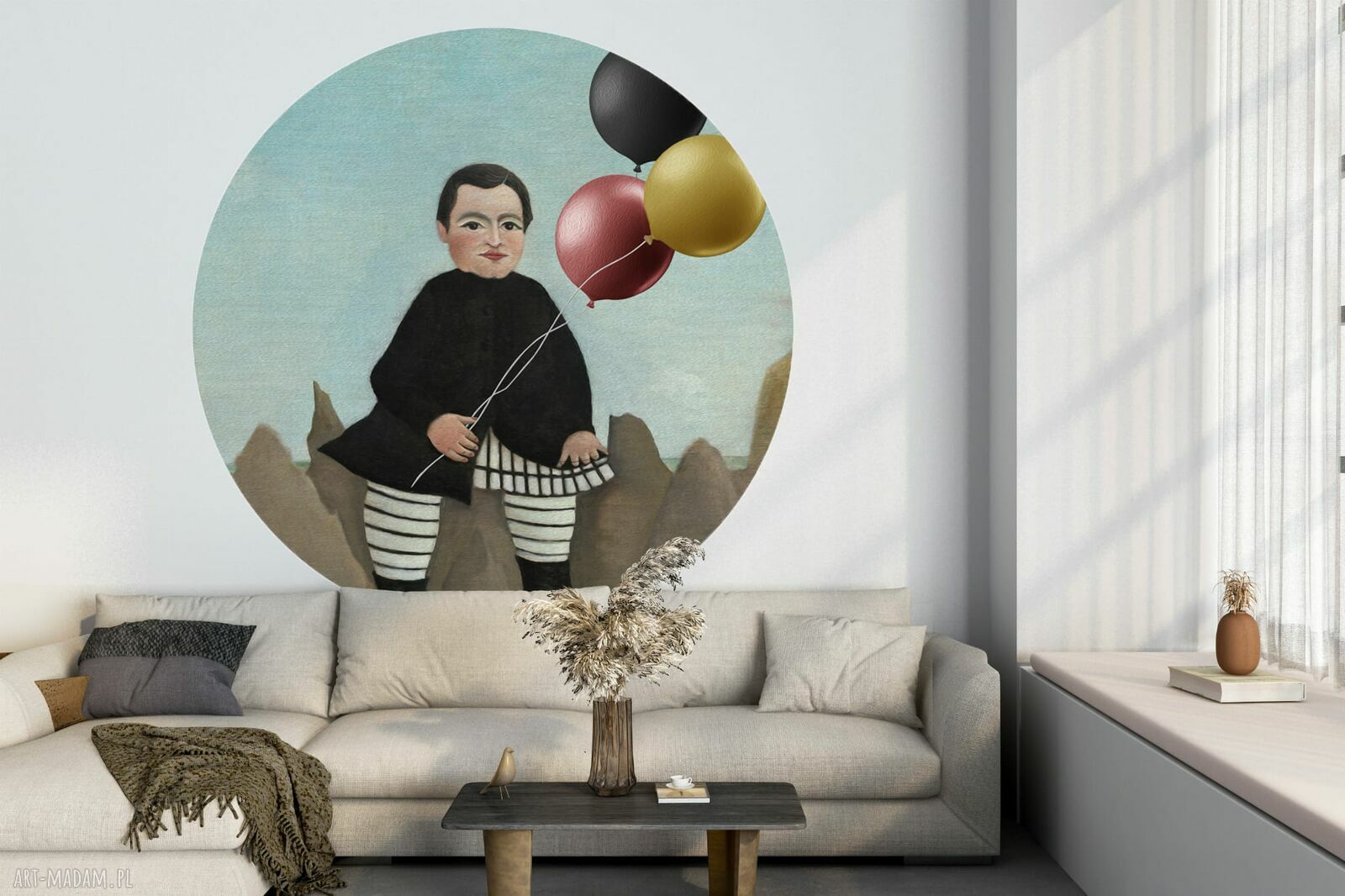 Mural DOTS - okrągła dekoracja ścienna chłopiec z balonami (ø 115 cm)