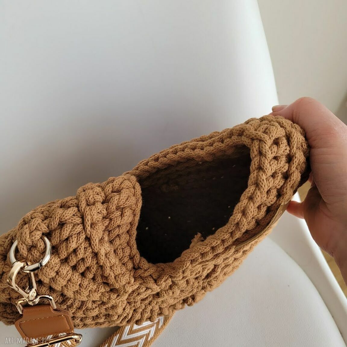 Torba muszla z sznurka bawełnianego - boho zig-zag na lato na ramię