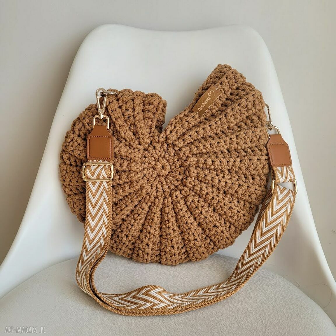 Torba muszla z sznurka bawełnianego - boho zig-zag na lato na ramię