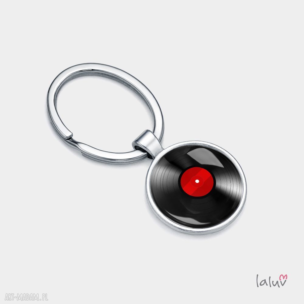 Ręcznie robiony brelok do kluczy VINYL - grafika pod wypukłym szkiełkiem, srebrna baza 28 mm