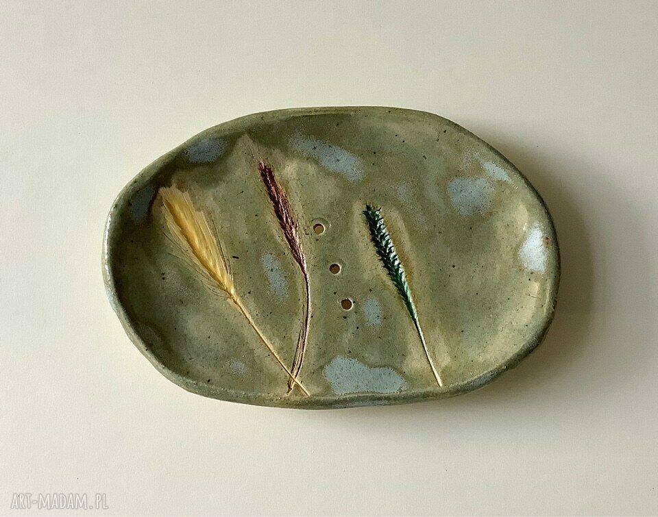Mydelniczka ceramiczna „Trawy” - malachitowy połysk i odpływ wody