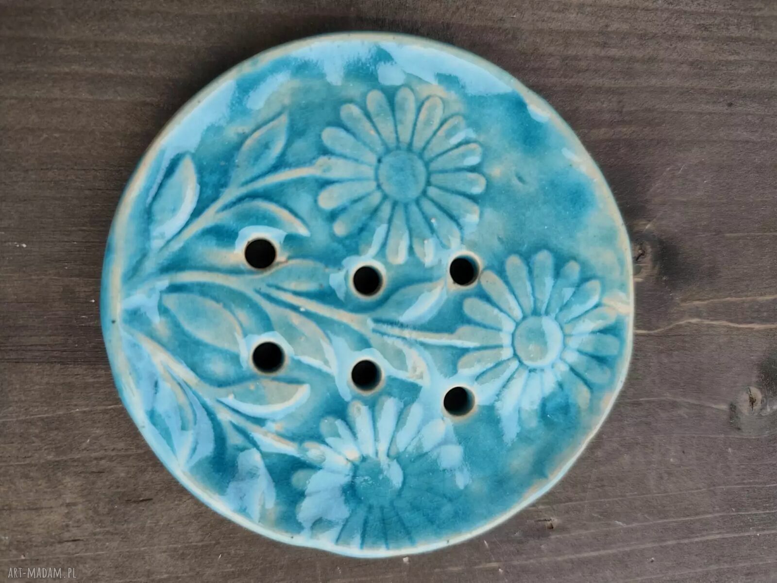 Turkusowa mydelniczka ceramiczna z kwiatowym wzorem