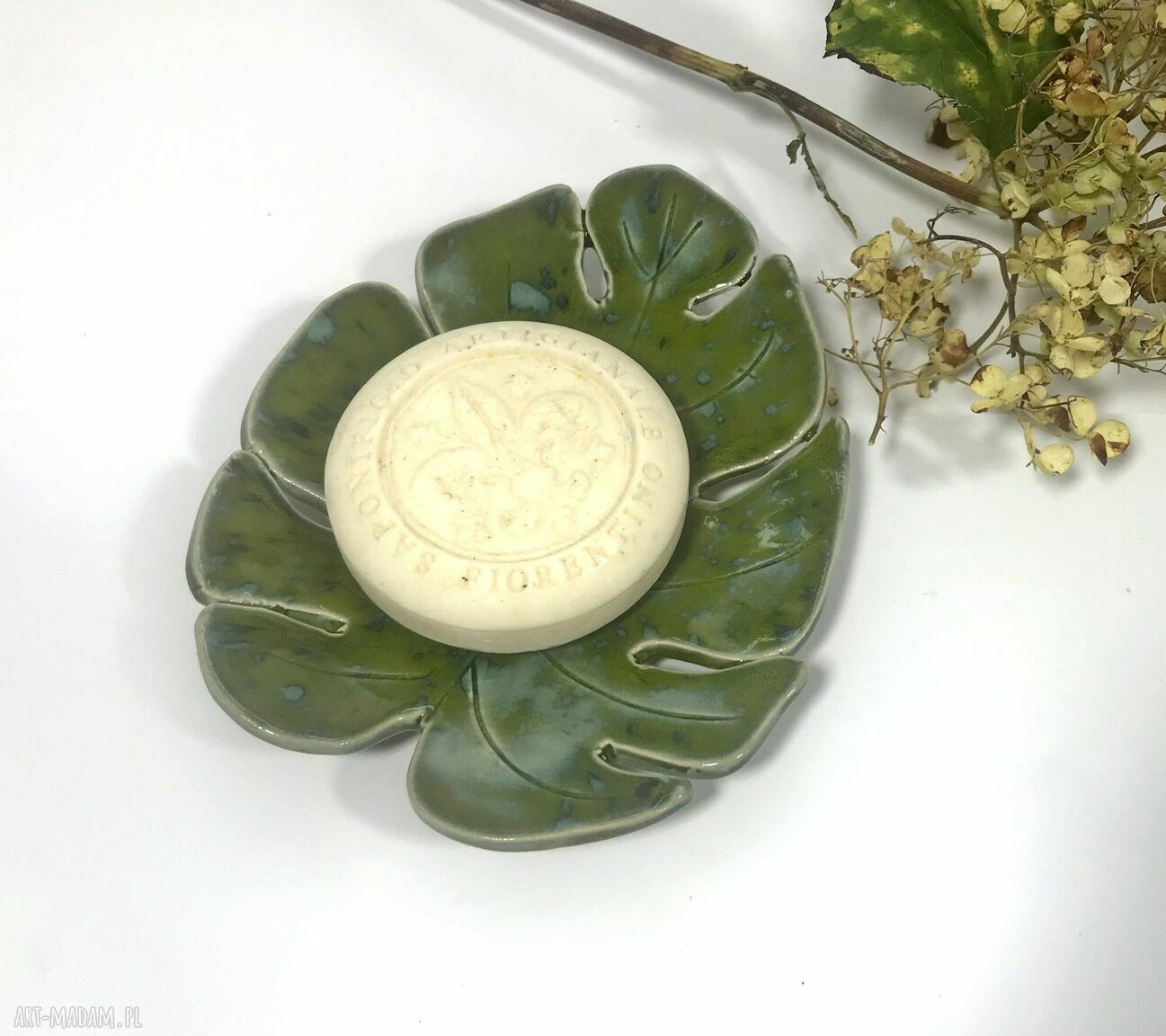 Mydelniczka ceramiczna „Zielony smok” w kształcie liścia monstery