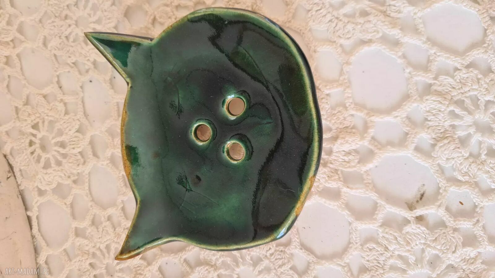 Ceramiczna mydelniczka w kształcie zielonego kota