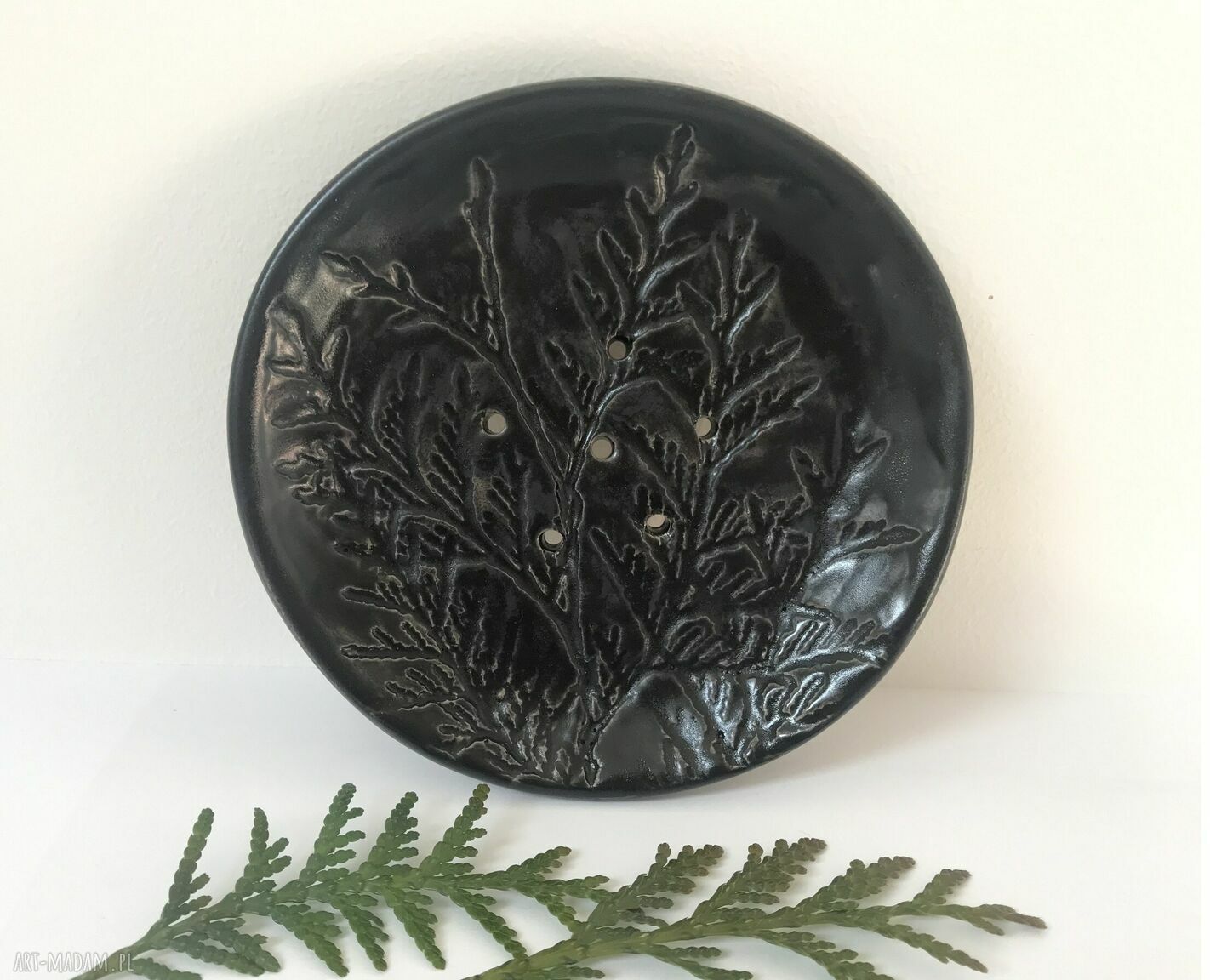 Mydelniczka ceramiczna czarna Thuja z roślinnymi wzorami