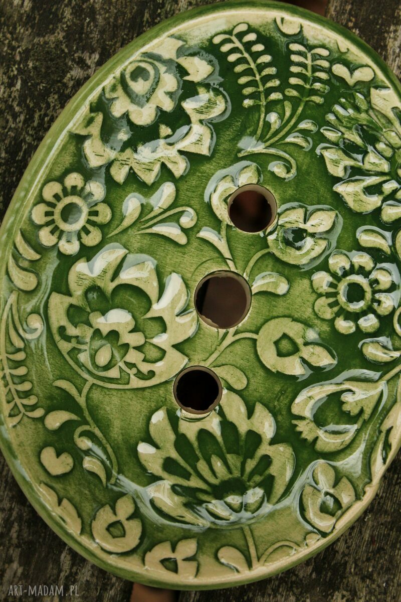 Mydelniczka Łowicka Zielona - ceramiczna mydelniczka w kwiaty Enio Art