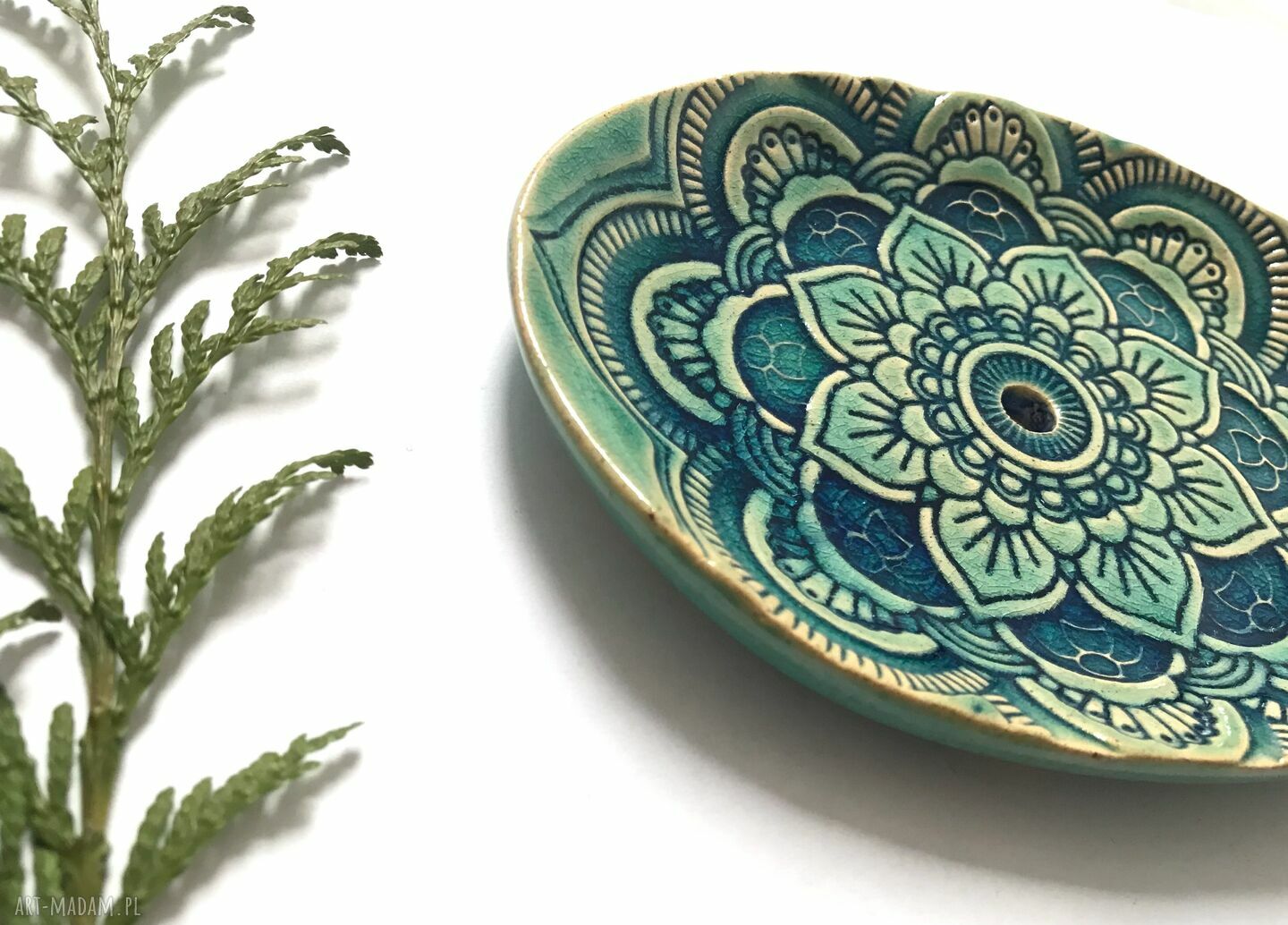 Ręcznie robiona mydelniczka ceramiczna turkus India - indyjskie wzory