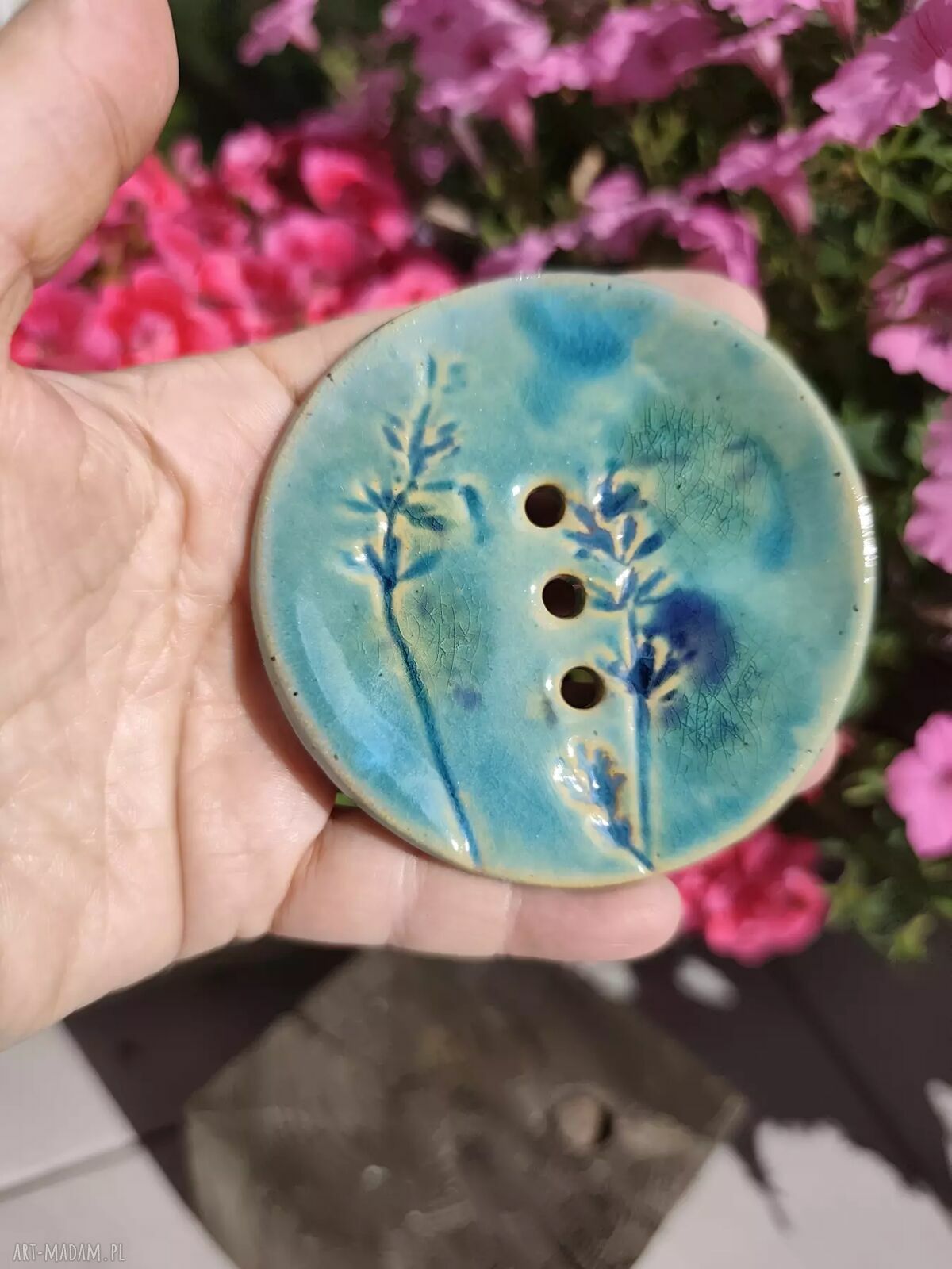 Turkusowa mydelniczka ceramiczna z lawendą - rękodzieło